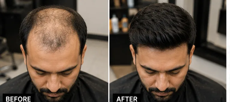 Before and after hair replacement, front view