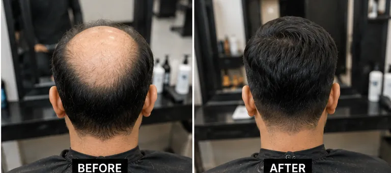 Before and after hair replacement, front view two